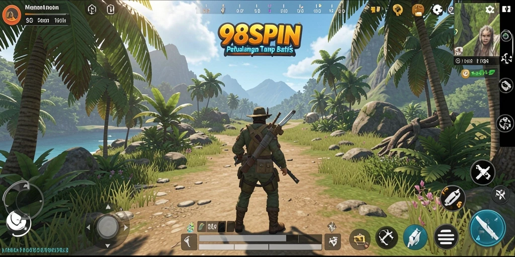 Screenshot gameplay 98SPIN menunjukkan eksplorasi dunia terbuka yang luas.