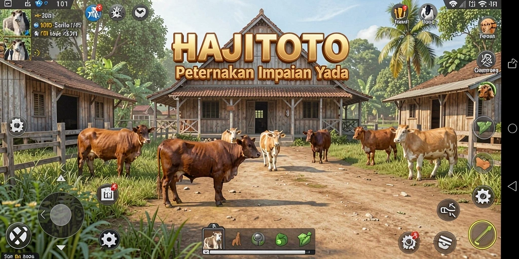 Screenshot gameplay HAJITOTO menampilkan pertanian yang subur dan aktivitas bertani.