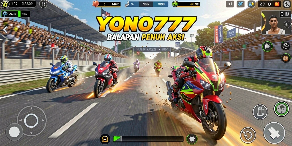 Screenshot YONO777 menampilkan aksi balapan motor yang seru.